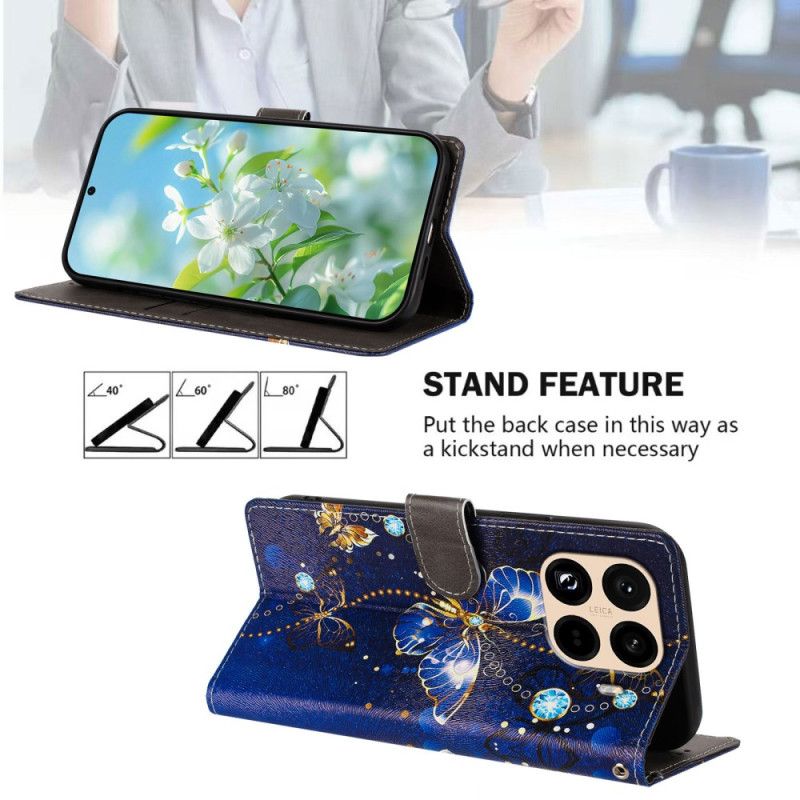 Fodral För Xiaomi 15t Pro Guldfärgade Och Blå Fjärilar