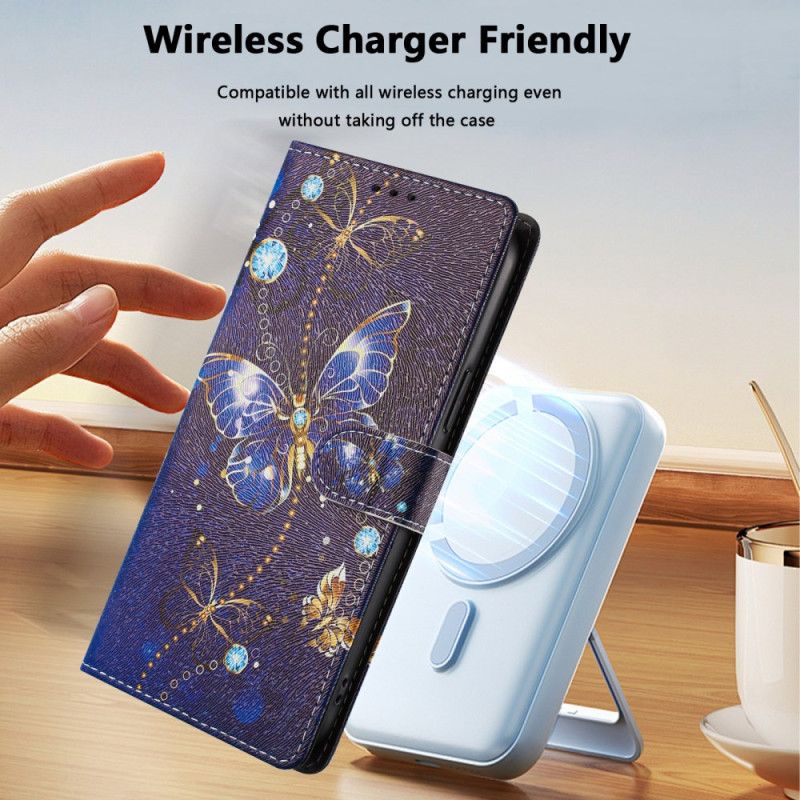 Fodral För Xiaomi 15t Pro Guldfärgade Och Blå Fjärilar