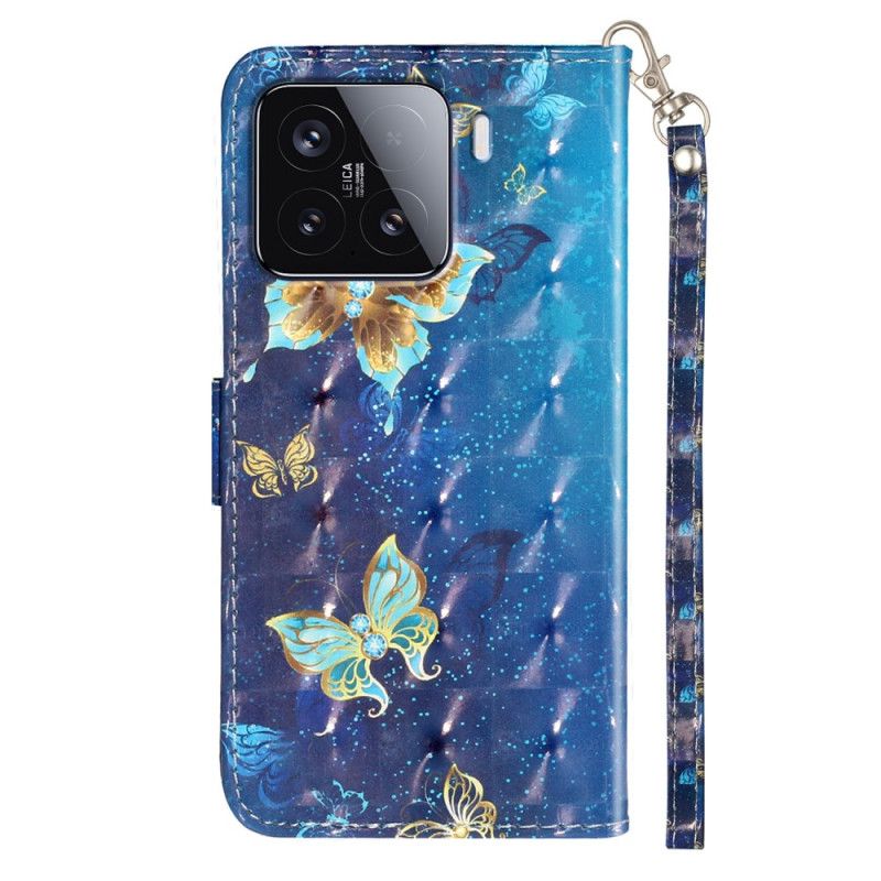 Läderfodral Xiaomi 15t Pro Telefonfodral Blå Och Guldfärgade Fjärilar