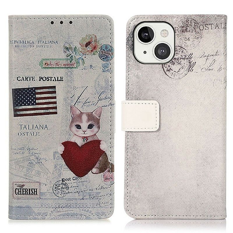 Läderfodral iPhone 13 Telefonfodral Traveller Cat
