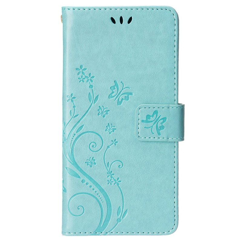Läderfodral iPhone 15 Plus Blommor Och Fjärilar