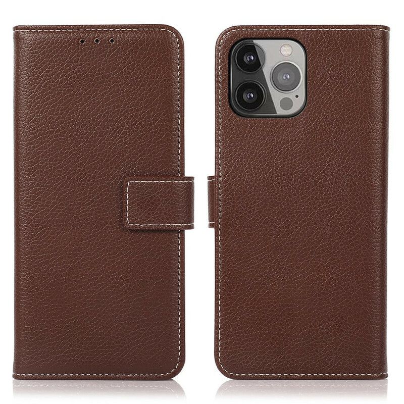 Fodral iPhone 13 Pro Max Litchi-lädereffektsömmar