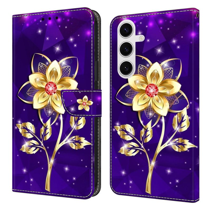 Fodral För Samsung Galaxy S25 Fe Gyllene Blommor På Lila Bakgrund