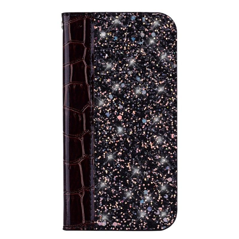 Folio-fodral Samsung Galaxy A7 Svart Krokodilhud Och Glittereffekt
