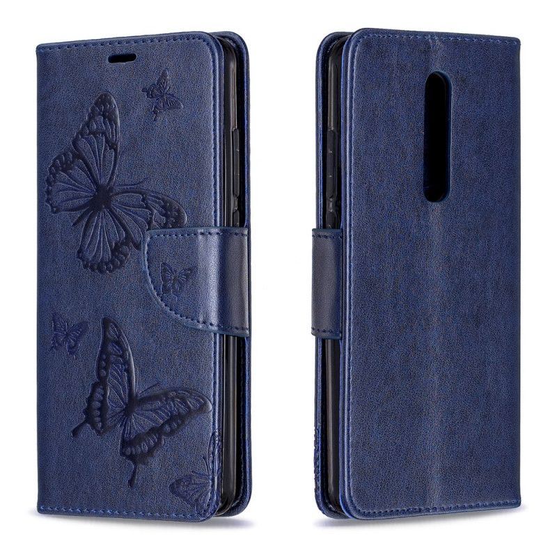 Fodral för Xiaomi Mi 9T / Mi 9T Pro Grå Tryckta Fjärilar Med Rem