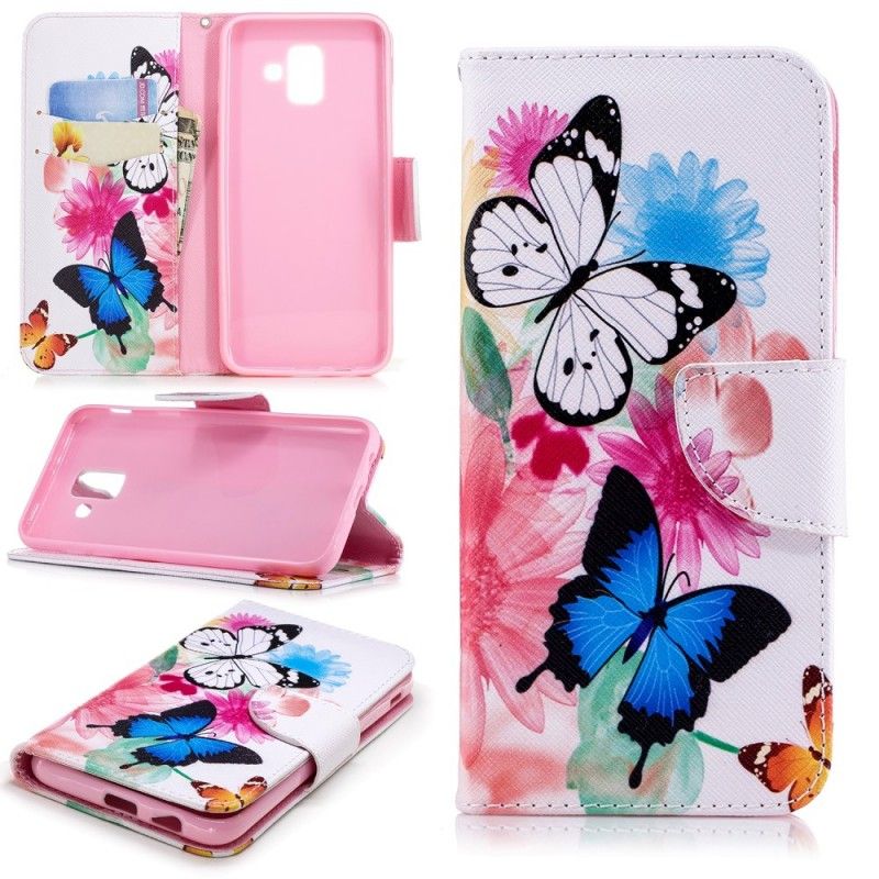 Fodral Samsung Galaxy A6 Rosa Målade Fjärilar Och Blommor