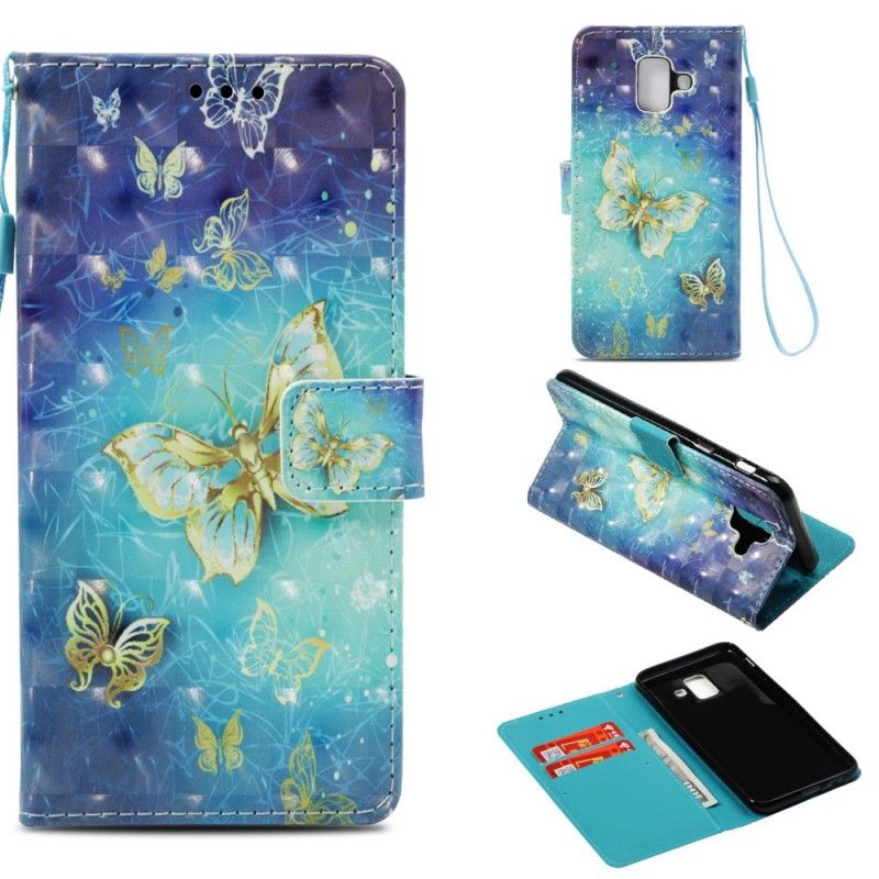 Läderskal Samsung Galaxy A6 3D Gyllene Fjärilar