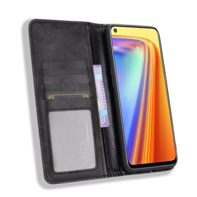 Folio-fodral för Realme 7 Svart Stiliserad Vintage Lädereffekt