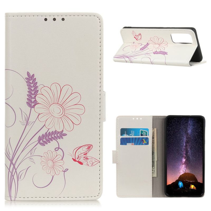 Läderfodral Realme 7 Mobilskal Rita Fjärilar Och Blommor