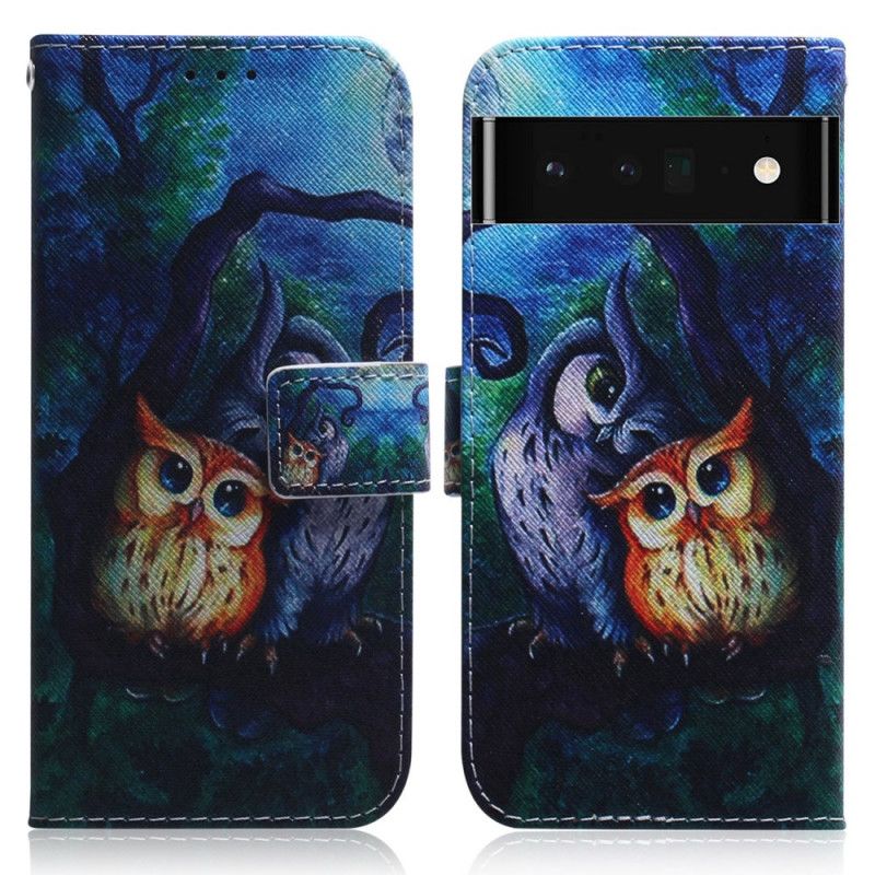 Läderskal Fodral Google Pixel 6 Pro Målning Av Ugglor