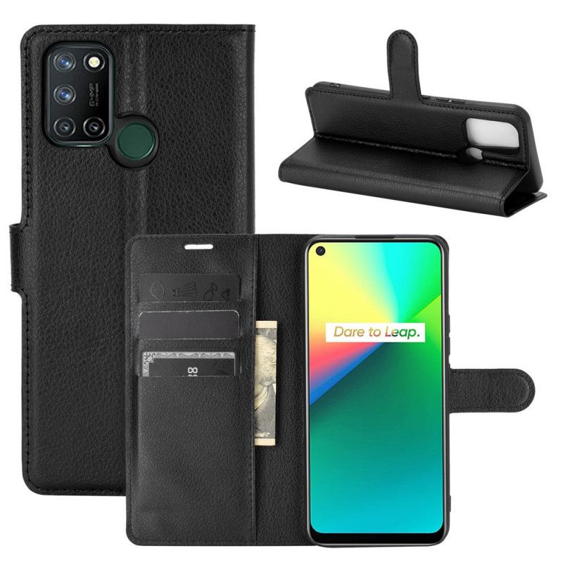 Läderfodral Realme 7i Svart Mobilskal Klassisk Litchieffekt