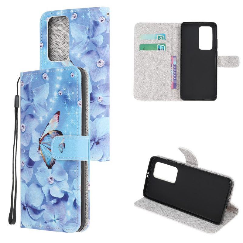 Fodral för Huawei P40 Diamantfjärilar Med Rem