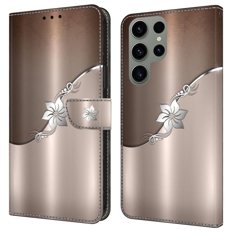 Läderfodral Samsung Galaxy S24 Ultra 5g Telefonfodral Silverblomma