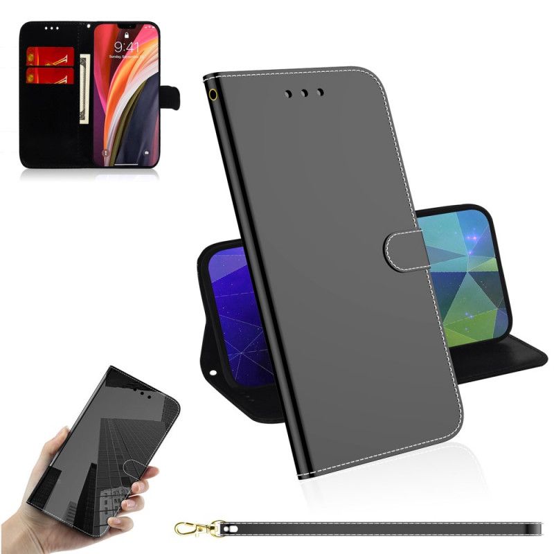 Läderfodral iPhone 12 Pro Max Svart Spegelskydd I Imiterat Läder