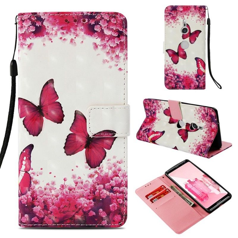 Läderfodral Sony Xperia XZ3 Mobilskal 3D Röda Fjärilar