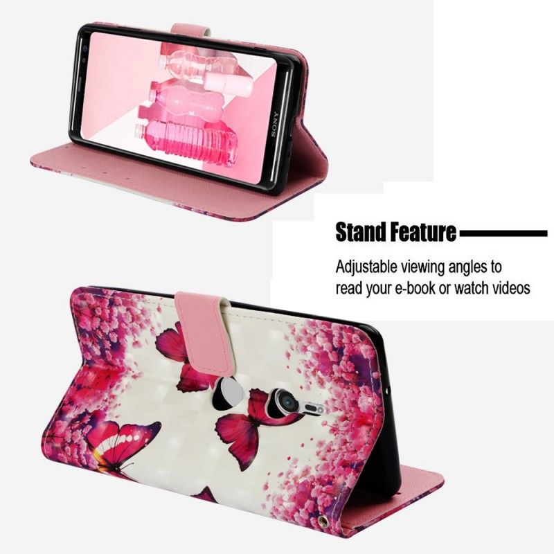 Läderfodral Sony Xperia XZ3 Mobilskal 3D Röda Fjärilar