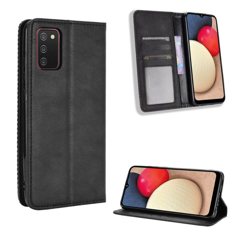 Folio-fodral för Samsung Galaxy A02s Svart Stiliserad Vintage Lädereffekt