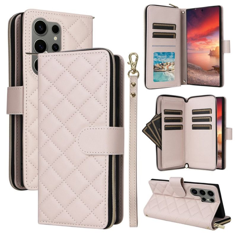 Läderskal Fodral Samsung Galaxy S25 Ultra 5g Quiltad Plånbok Med Rem Och Axelrem