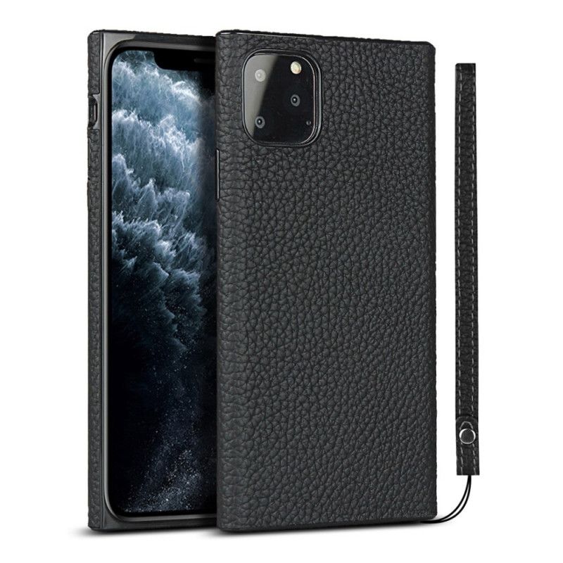 Skal iPhone 11 Pro Svart Mobilskal Äkta Litchiläder Med Rem
