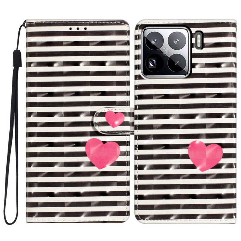 Läderfodral Xiaomi 15 Pro Telefonfodral 3d-ränder Och Hjärtan