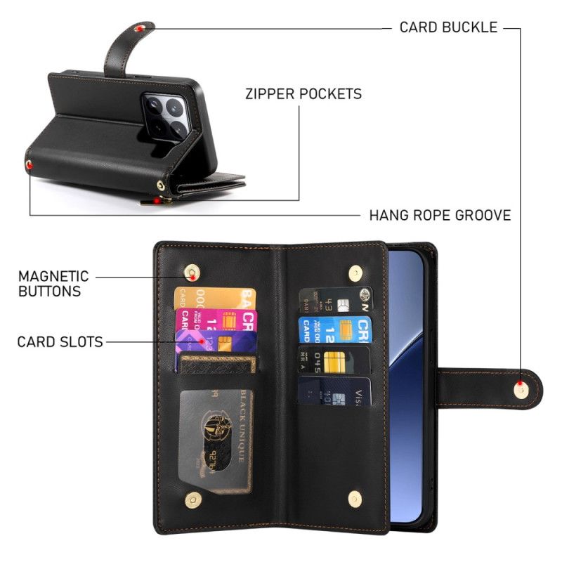 Läderskal Fodral Xiaomi 15 Pro Plånbok Med Rem Och Axelrem