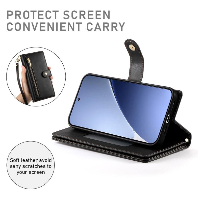 Läderskal Fodral Xiaomi 15 Pro Plånbok Med Rem Och Axelrem