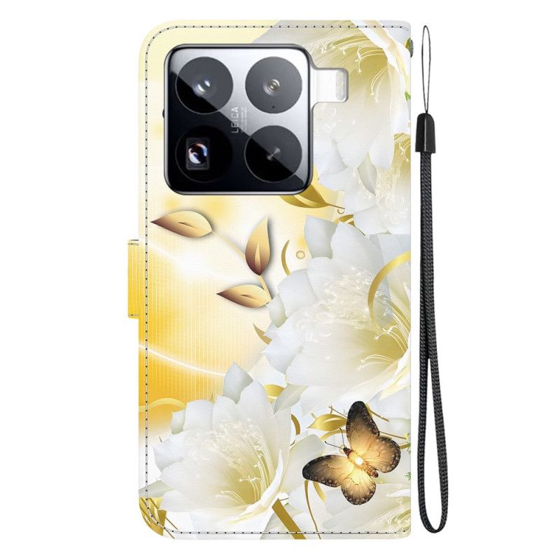 Skyddsfodral Xiaomi 15 Pro Guldfärgade Fjärilar Och Vita Blommor