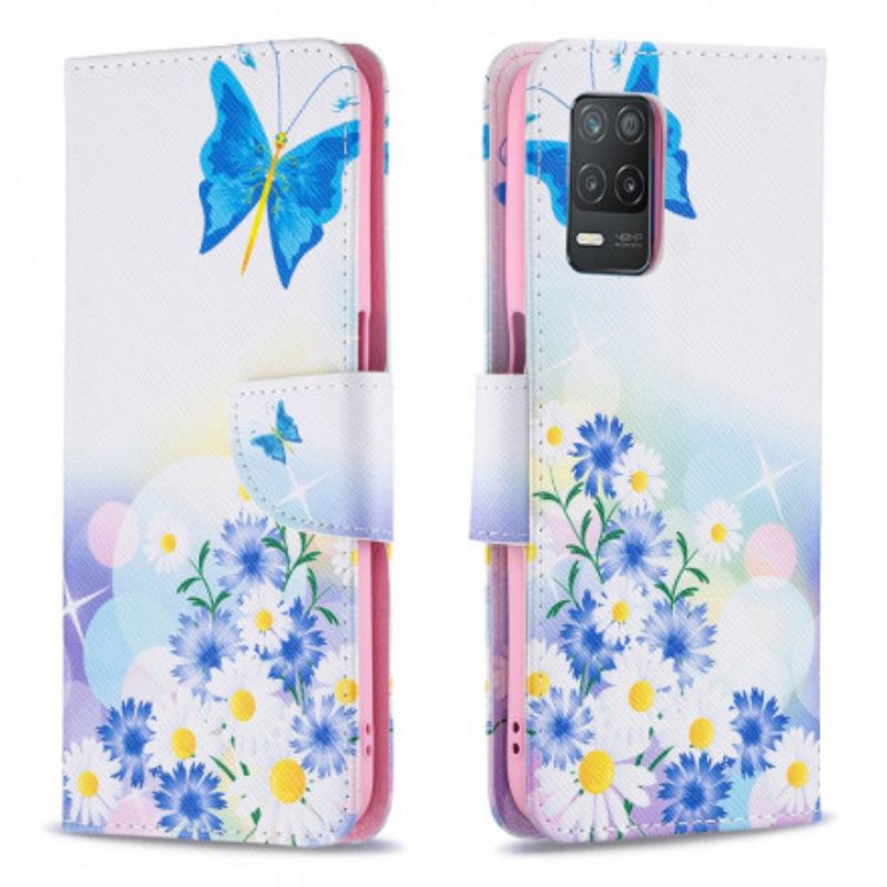 Läderfodral Realme 8 5g Telefonfodral Målade Fjärilar Och Blommor