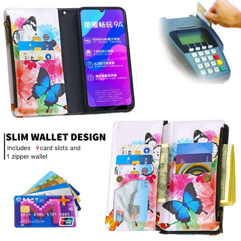 Fodral för Honor 9A Svart Fjäril Blixtlåsficka