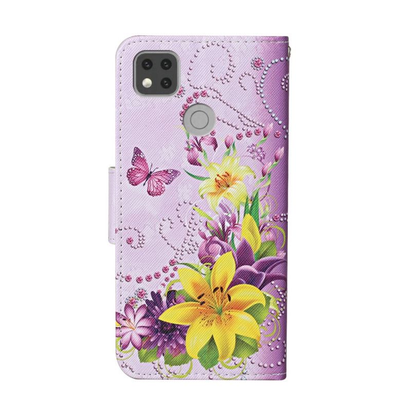 Fodral för Xiaomi Redmi 9C Fjärilar Och Södra Blommor Med Rem