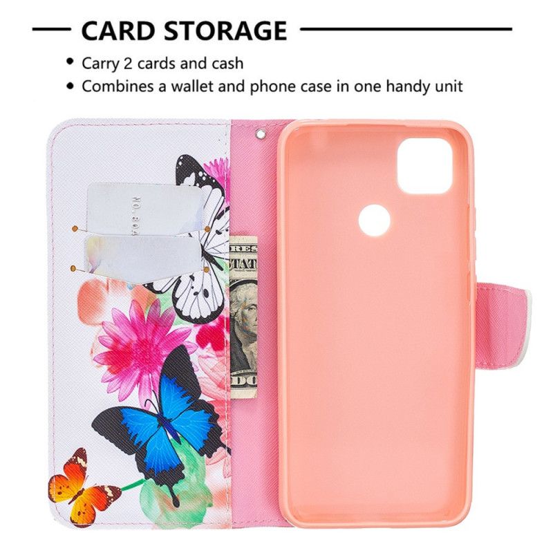 Läderskal Xiaomi Redmi 9C Magenta Fantastiska Färgglada Fjärilar
