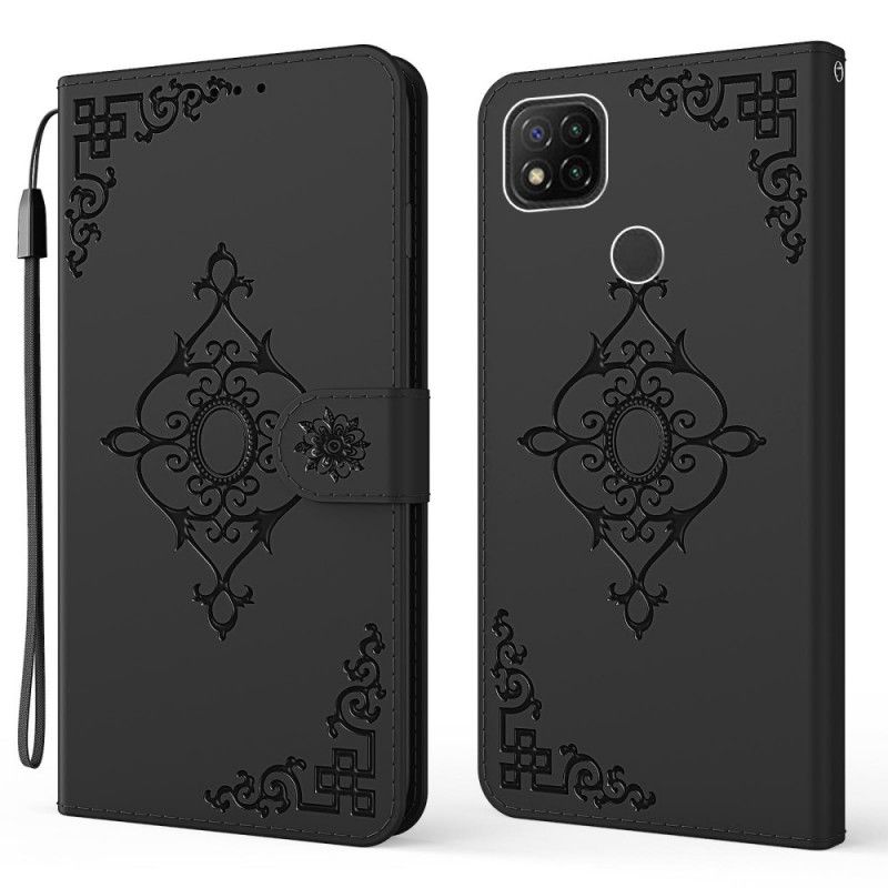 Läderskal Xiaomi Redmi 9C Svart Barockblomma Med Rem
