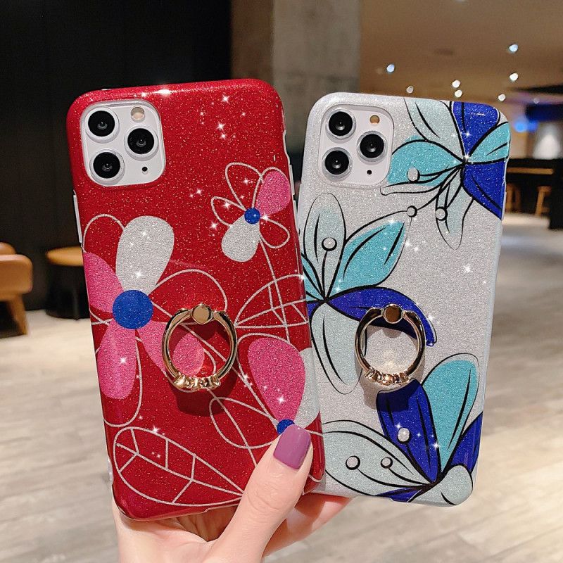 Skal iPhone 11 Pro Max Röd Blommig Ringhållare Paljetter