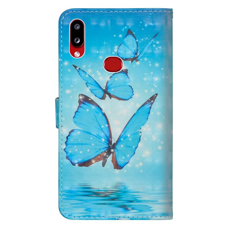 Läderfodral Samsung Galaxy A10s Mobilskal Ljus Fläck Som Flyger Blå Fjärilar