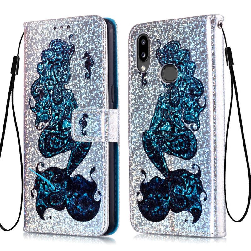 Läderfodral Samsung Galaxy A10s Mobilskal Sjöjungfru På Glitterbakgrund