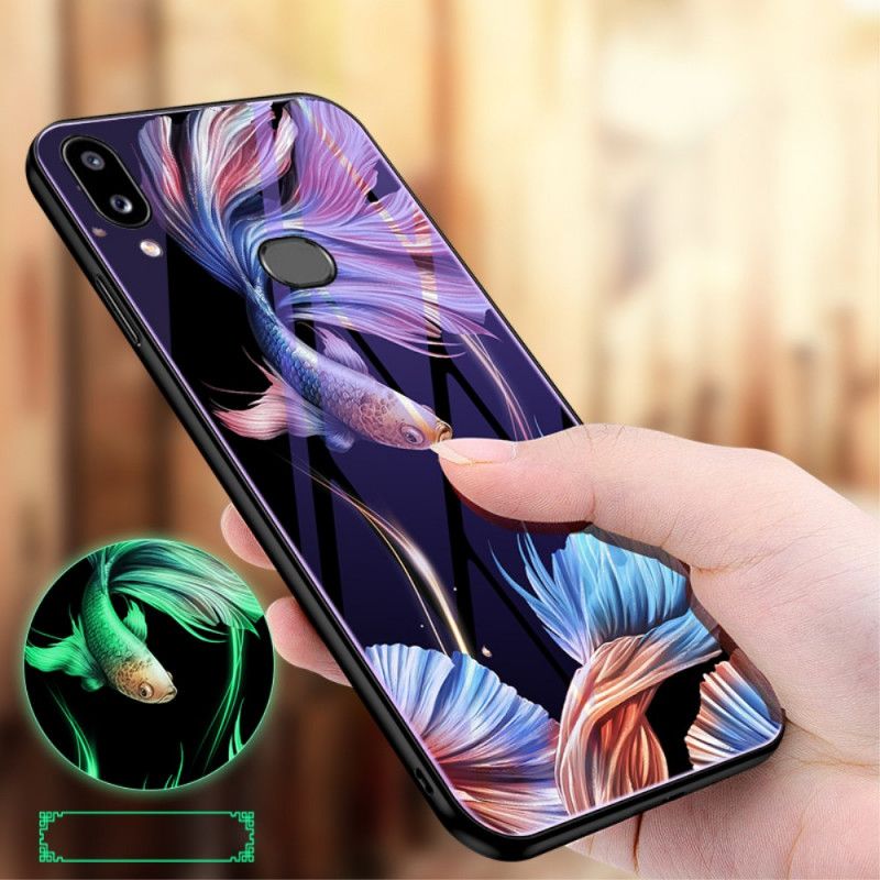 Skal för Samsung Galaxy A10s Röd Härdat Glas Med Fluorescerande Mönster