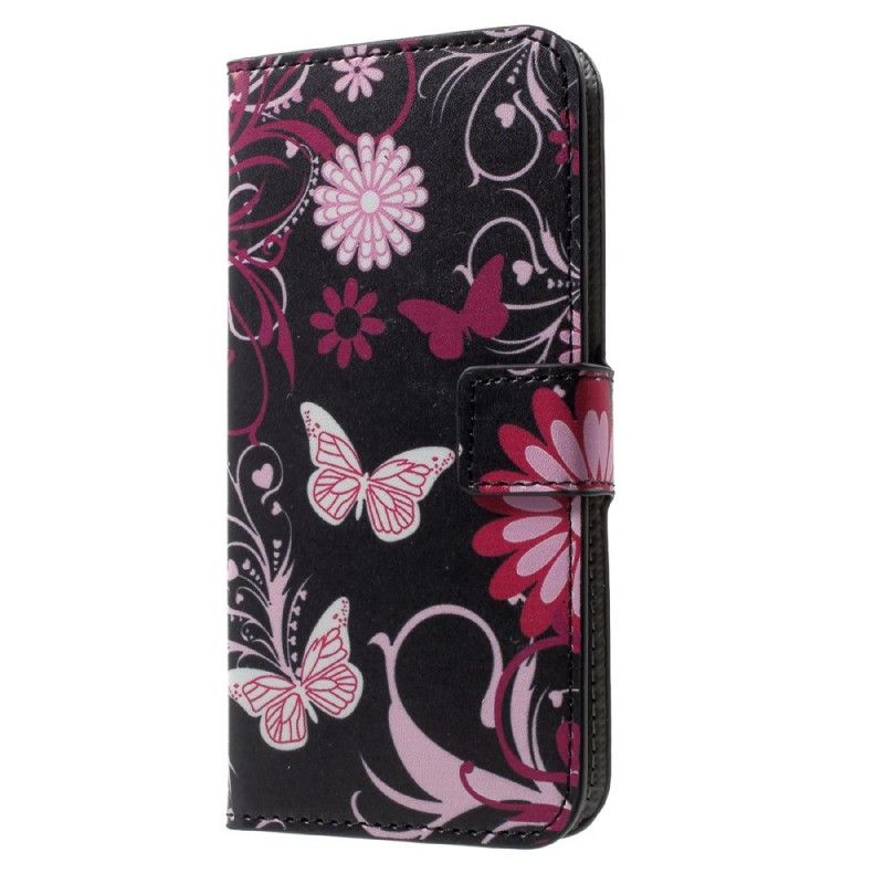 Fodral iPhone X Svart Fjärilar Och Blommor
