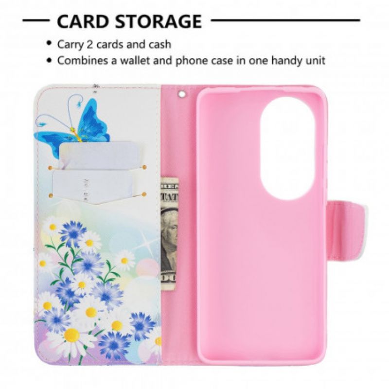 Fodral För Huawei P50 Pro Målade Fjärilar Och Blommor