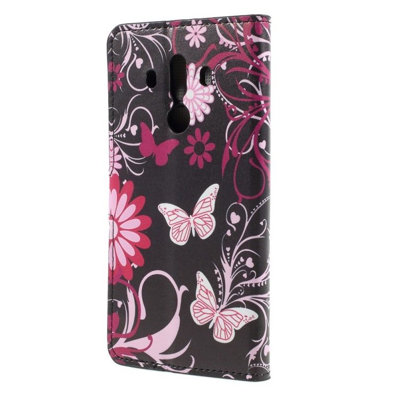 Läderfodral Huawei Mate 10 Pro Svart Mobilskal Fjärilar Och Blommor