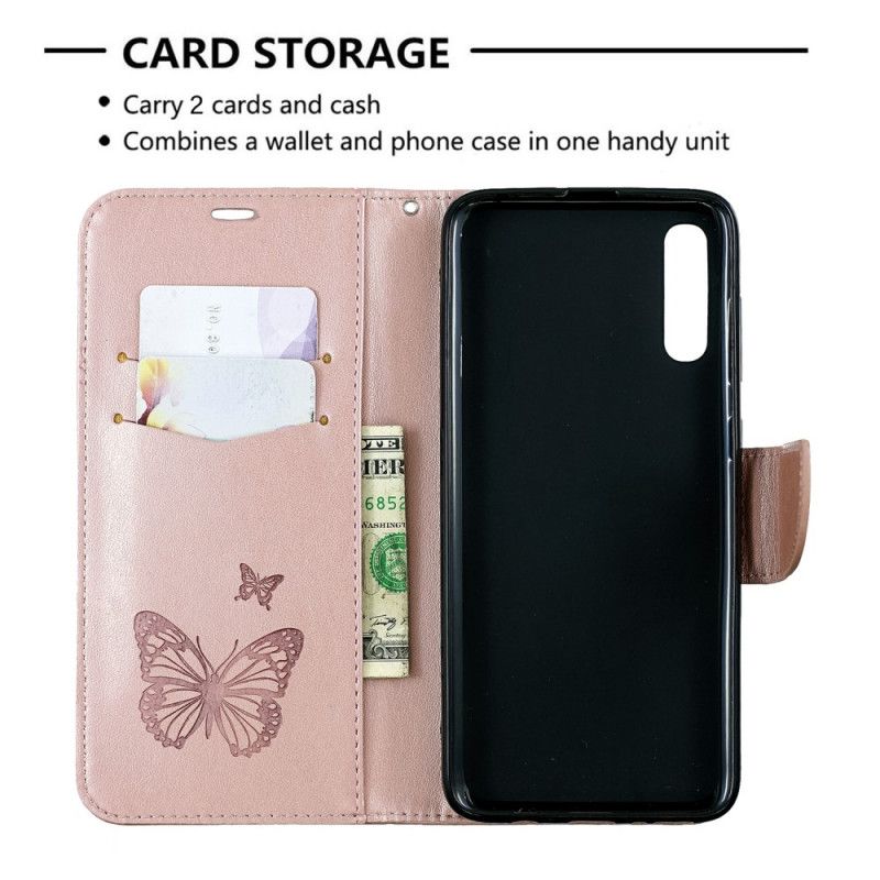 Läderskal Samsung Galaxy A70 Grå Fjärilar I Flygning Med Rem