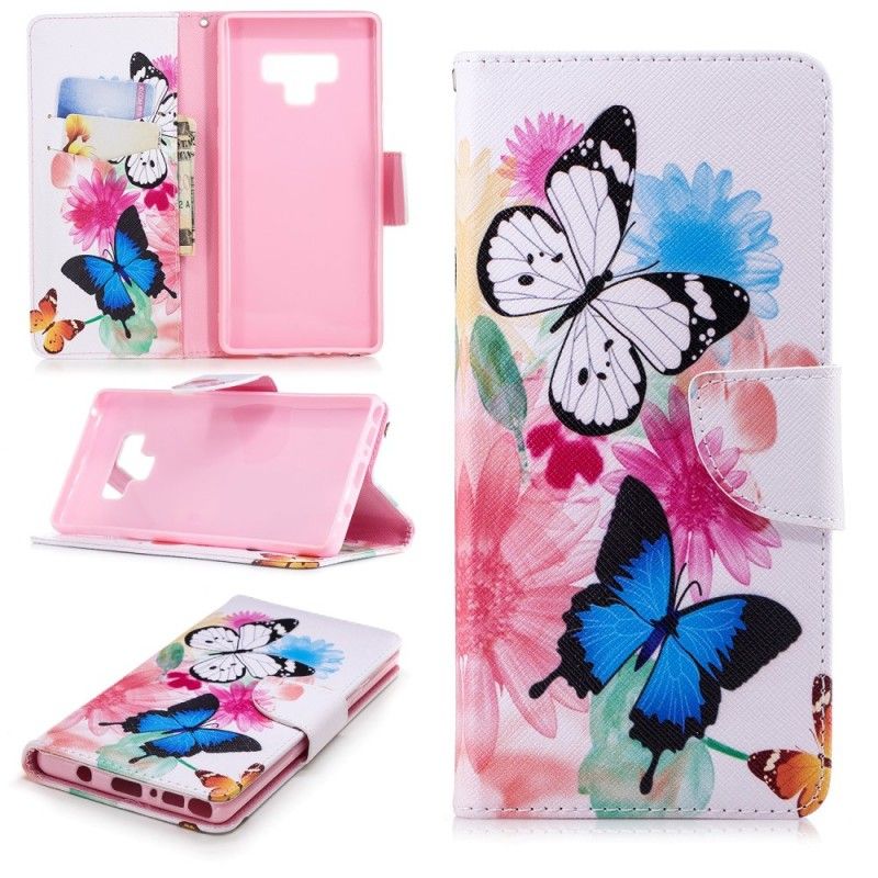 Fodral Samsung Galaxy Note 9 Rosa Målade Fjärilar Och Blommor