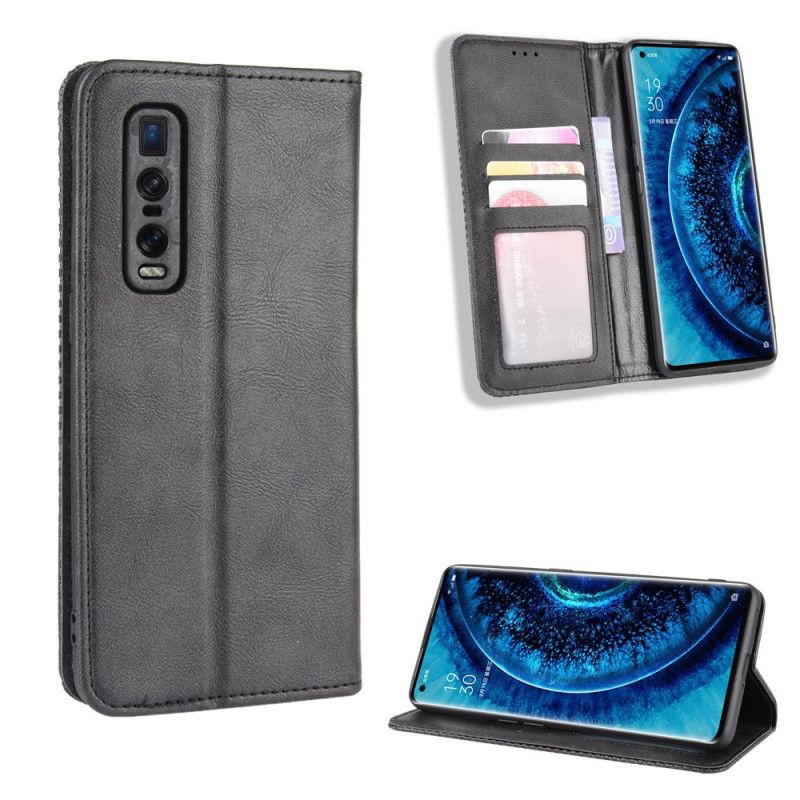 Folio-fodral Oppo Find X2 Pro Svart Stiliserad Vintage Lädereffekt
