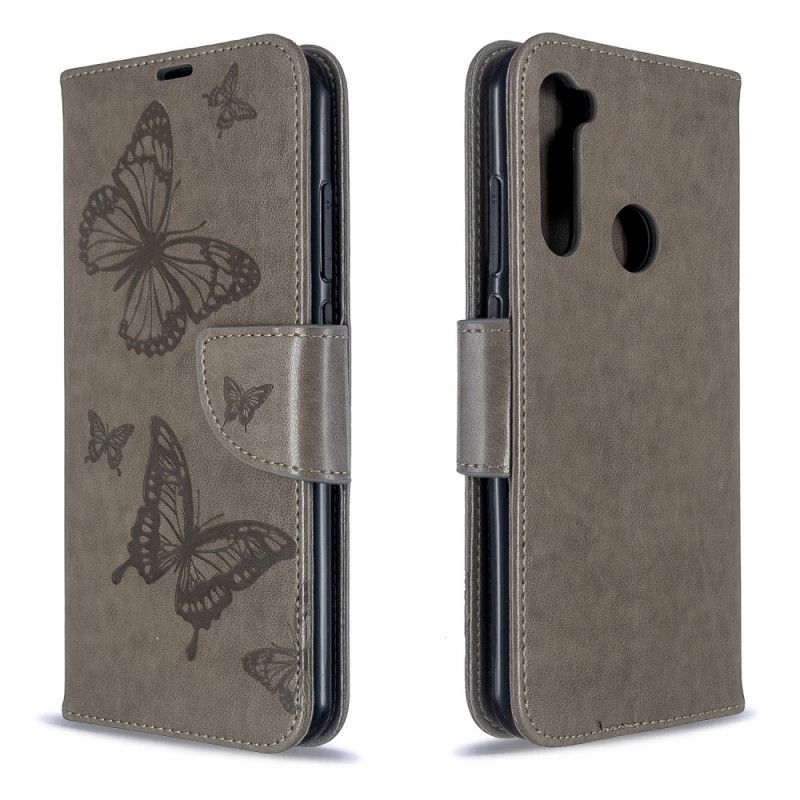 Fodral Xiaomi Redmi Note 8T Grå Tryckta Fjärilar Med Rem