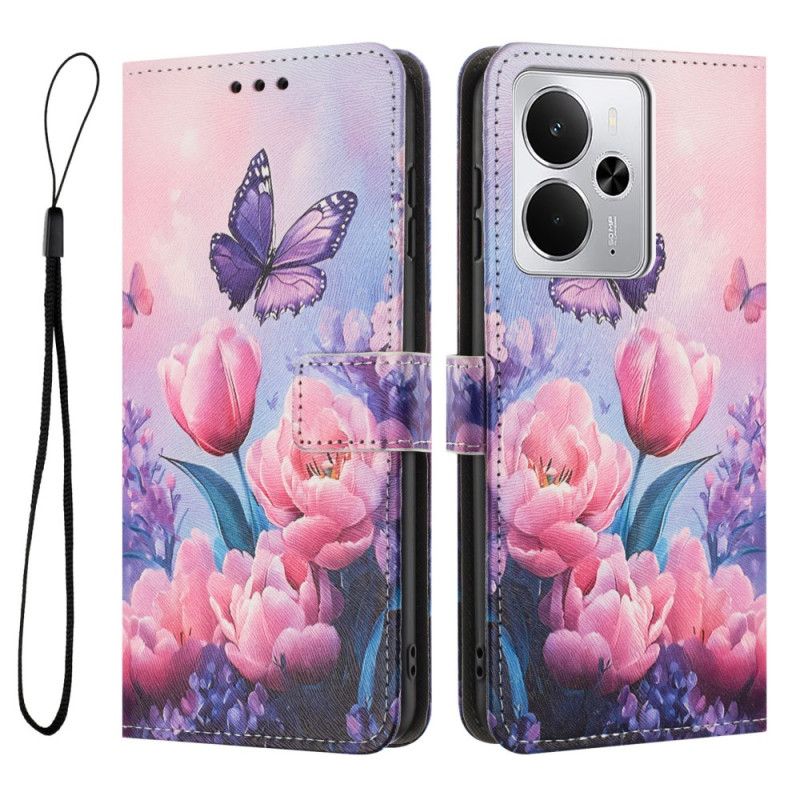 Läderskal Fodral Realme 14t 5g Rosa Blommor Och Fjärilar