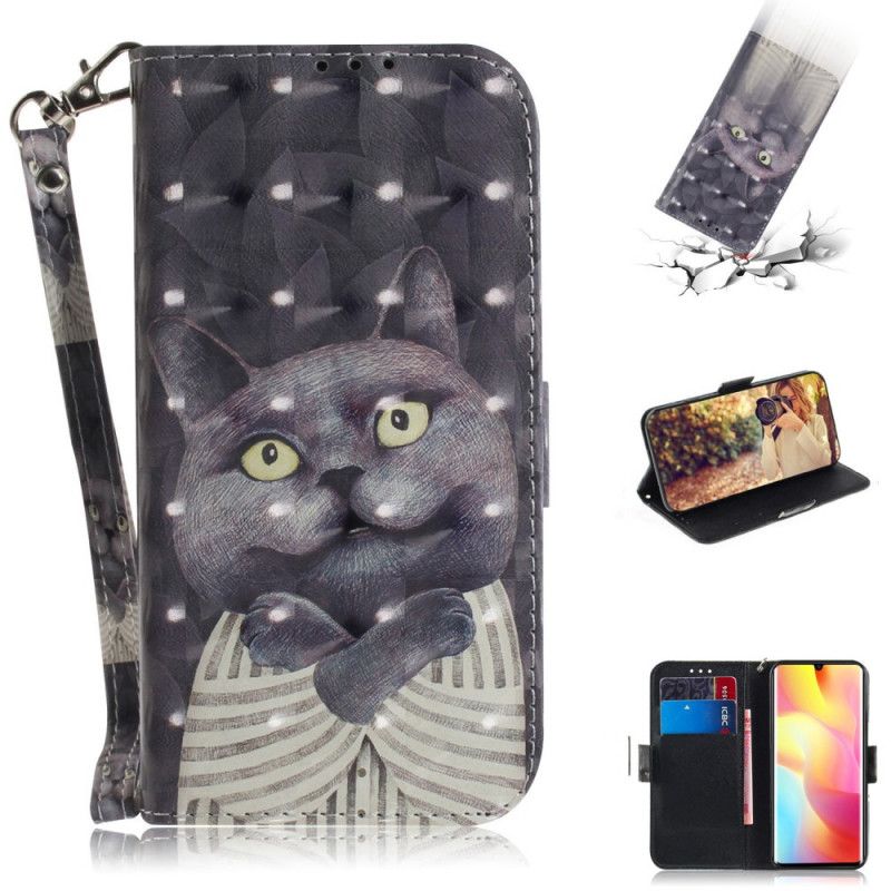 Läderfodral Xiaomi Mi Note 10 Lite Mobilskal Grå Katt Med Rem