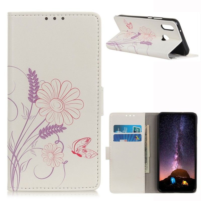 Läderfodral Huawei Y6 2019 Mobilskal Rita Fjärilar Och Blommor