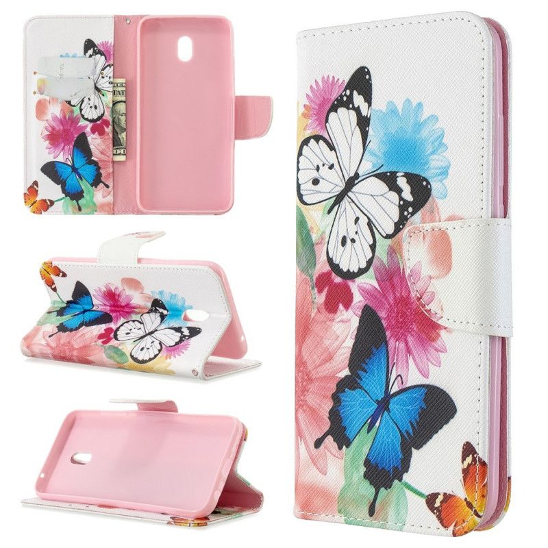 Läderfodral Xiaomi Redmi 8A Mobilskal Målade Fjärilar Och Blommor