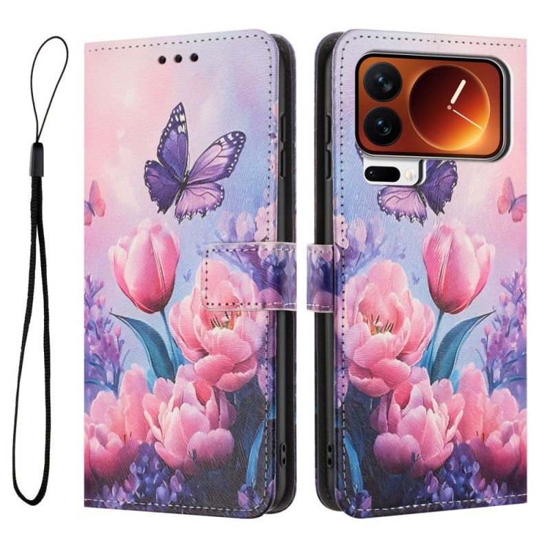Fodral För Xiaomi 17 Pro Max Fjäril Och Rosa Blommor
