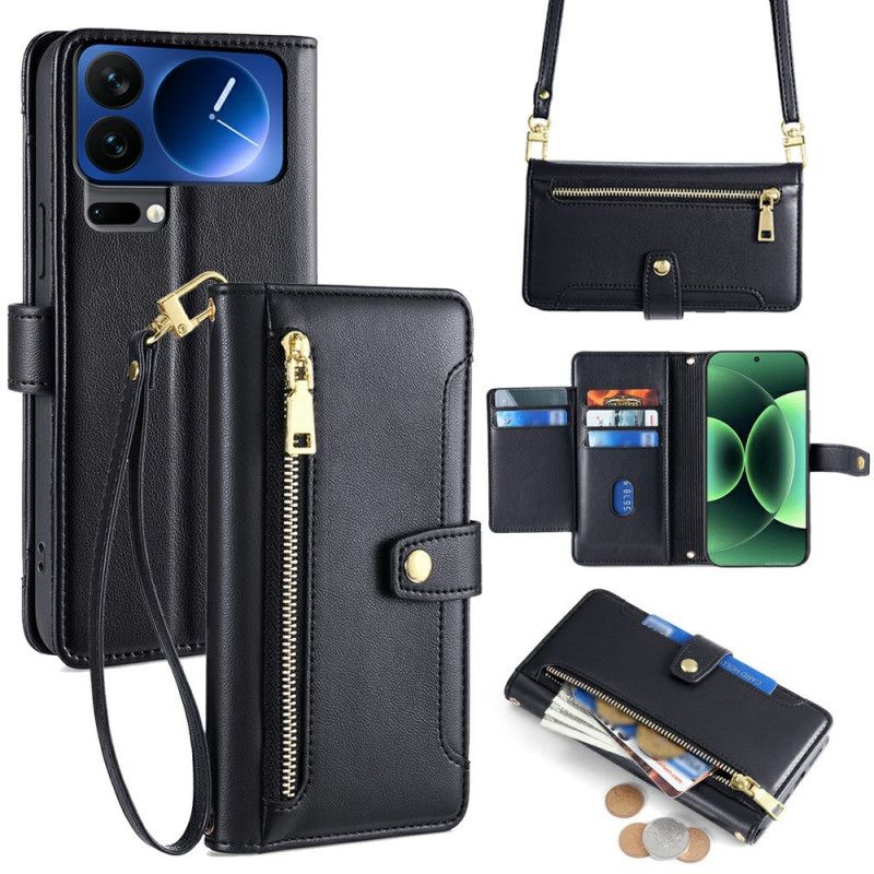 Läderskal Fodral Xiaomi 17 Pro Max Fack Med Dragkedja Och 2 Axelremmar