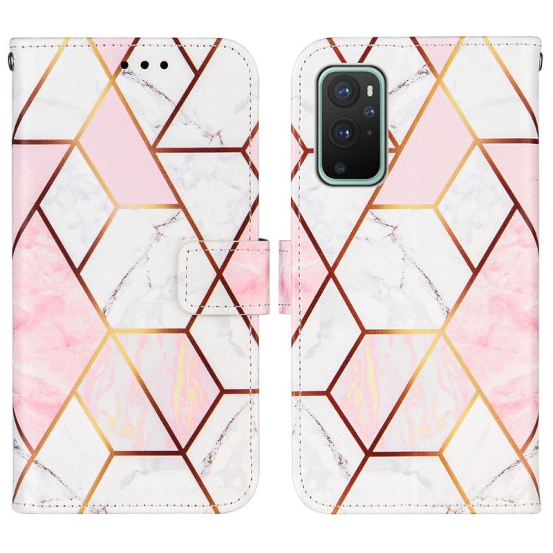 Fodral OnePlus 9 Pro Rosa Geometrisk Marmor Med Rem